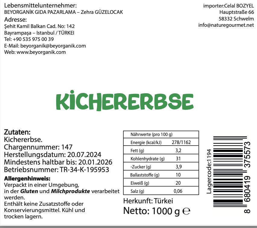 Kichererbsen - Beyorganik - Bio Türkischer Kichererbsen 1 kg