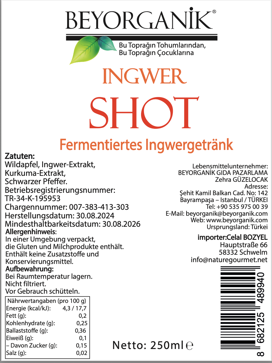 Beyorganik Bio Zencefil Shot 250 ml – Doğal, Taze ve Canlandırıcı