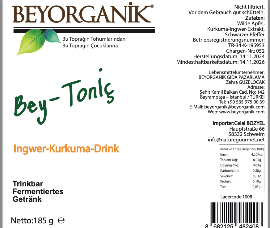 Organik BeyTonik (zerdeçal-zencefil) Beytonik 185 gr