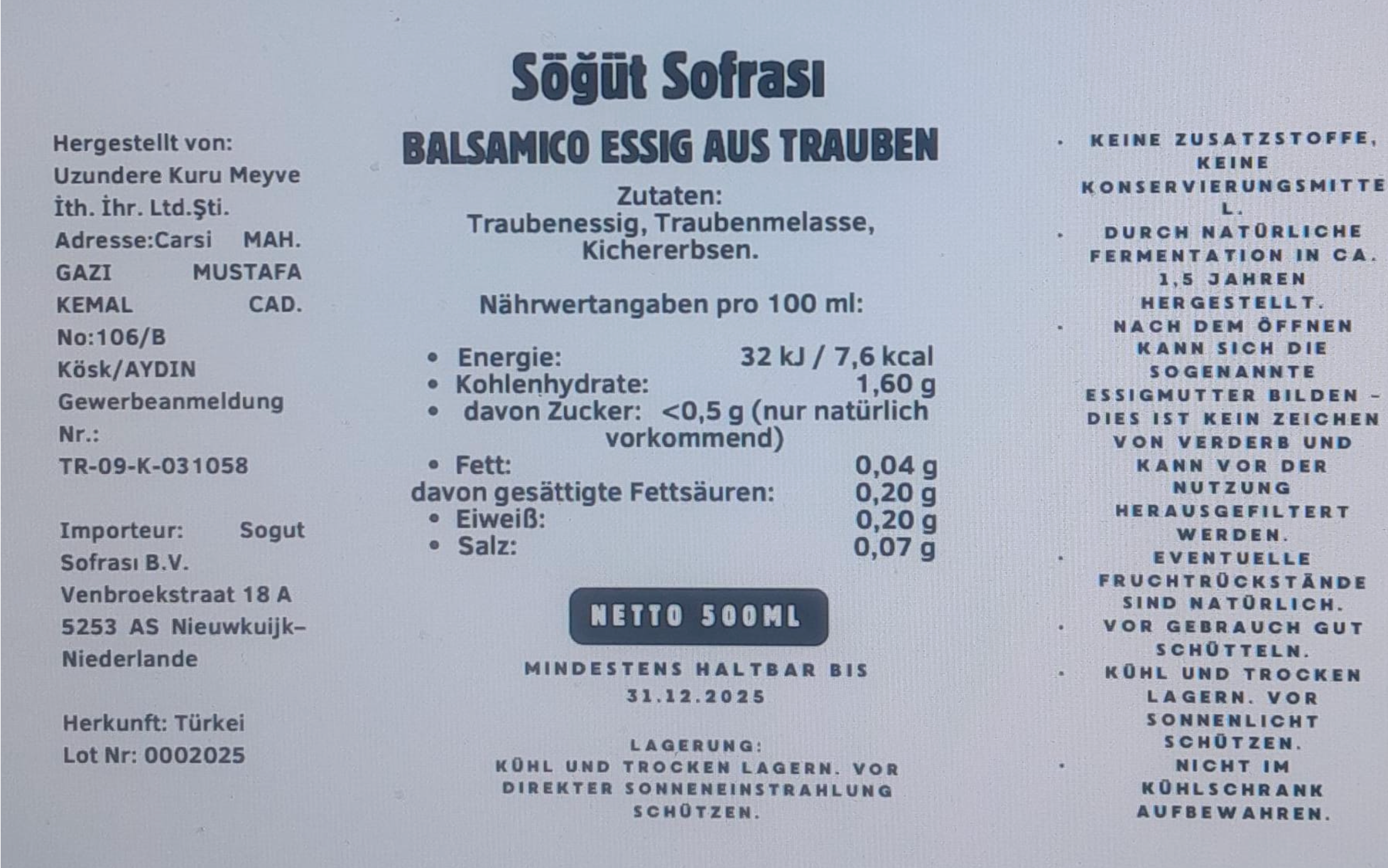 Söğüt Sofrası Balsamico Essig Aus Trauben 500 ml