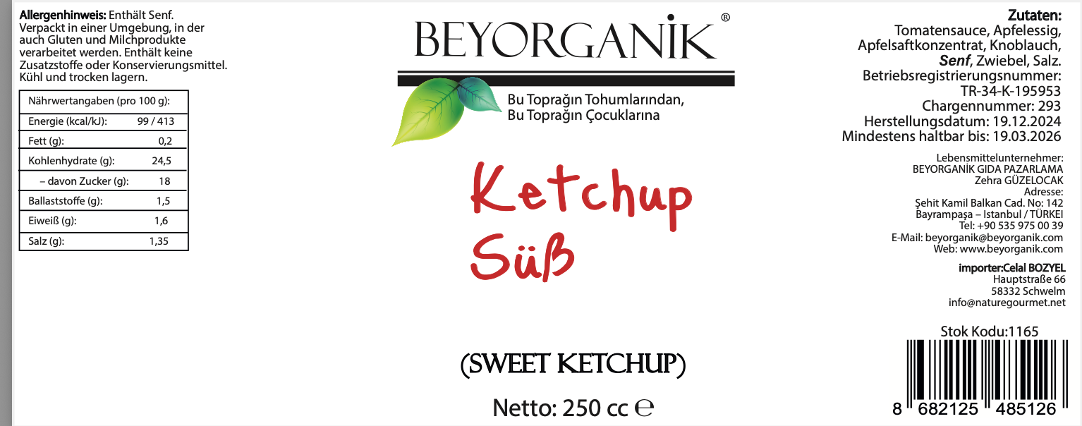 Beyorganik Bio Tatlı Ketçap 250 cc