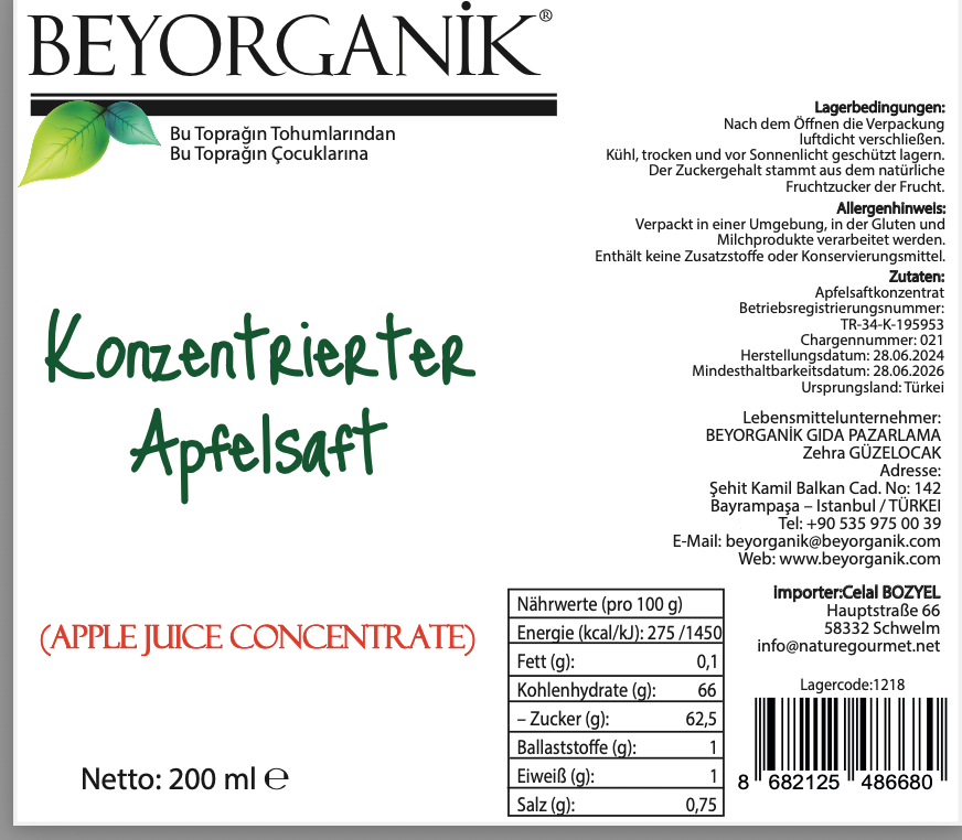 Beyorganik Organik Elma Suyu Konsantresi-248g