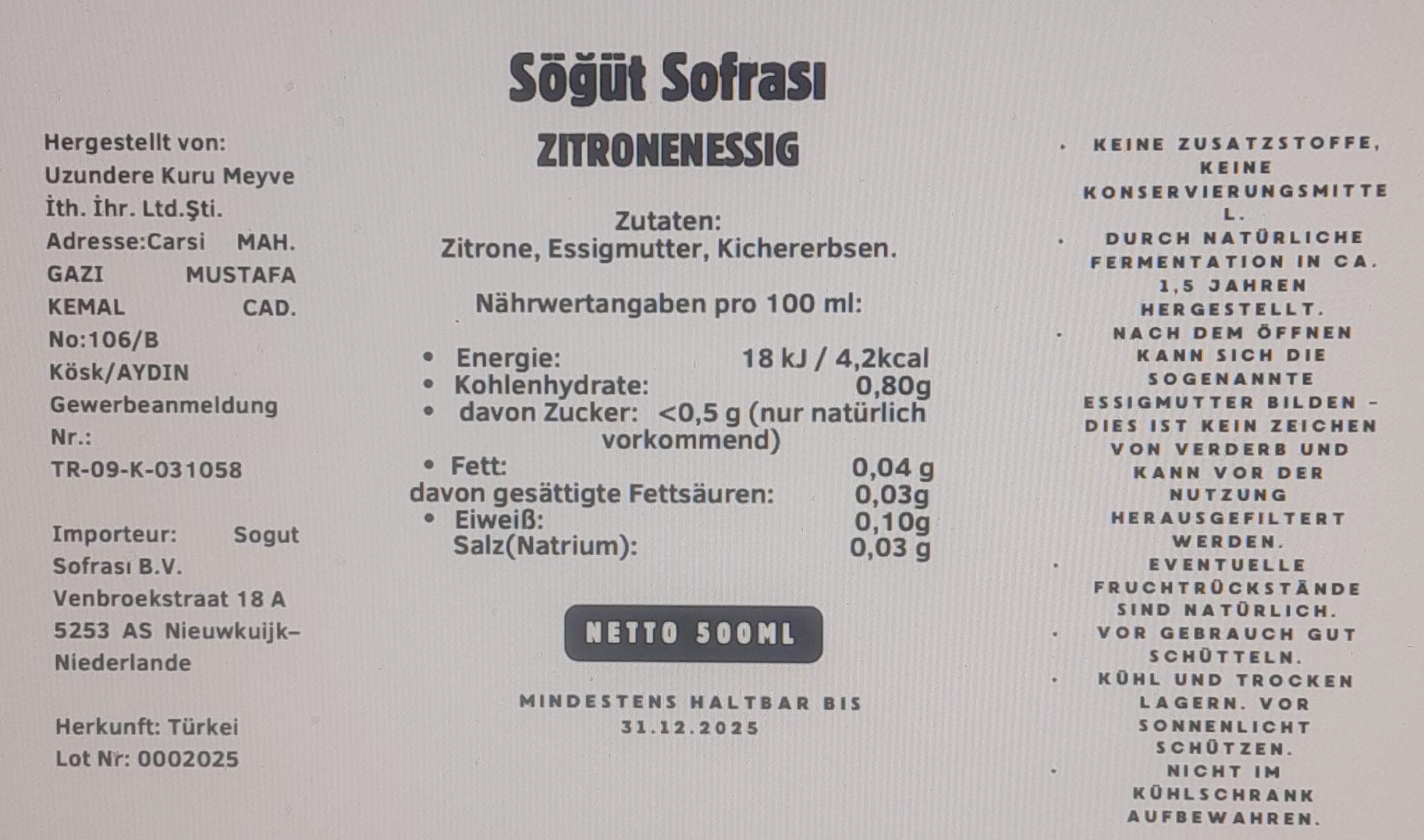 Söğüt Sofrası Zitronenessig 500 ml