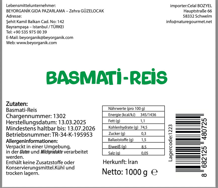 Bio-Basmatireis 1000 g (Pestizid- und Aflatoxinanalyse)